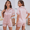 Miniatyrbillede 5 af 5: Button Down Short Pyjamas sæt til kvinder 2-delt toppe og shorts Lyserød M