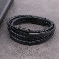 Miniatyrbillede 4 af 5: Flerlags vævet læderarmbånd med rustfri stålspænde 22 cm