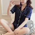 Miniatyrbillede 3 af 4: Silke Satin Blå Korte Ærmer Kvinders Pyjamas Shorts Sæt