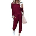 Miniatyrbillede 1 af 6: Dame 2-delt outfit Løstsiddende Strækbar Elegant Langærmet Trøje Bukser Efterår Loungewear Pyjamasæt Vinrød XL