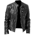 Miniatyrbillede 1 af 3: Sort Kunstlæder Biker Motorcykeljakke til Mænd (Størrelse 4XL)