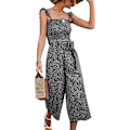Miniatyrbillede 1 af 6: Kvinders sommer jumpsuit med rynket talje, bælte, 2 lommer, brede ben, blomsterprint bukser