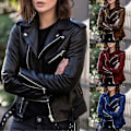 Miniatyrbillede 2 af 5: Dame Vinrød Kunstlæder Zip-Up Bikerjakke