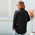 Miniatyrbilde 4 av 6: Dame bomulls-skjorte Løstsittende Casual Elegant ren farge Langærmet Knapping Bluse Topper med lomme Svart XXL