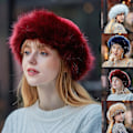 Miniatyrbillede 2 af 3: Mongolsk Vinter Kunstig Pels Ruskind Fluffy Beanie Hat Sort