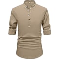 Pikkukuva 2 / 5: Pellava Henley-paita miehille - Rento ranta-asu khaki-värisenä - Koko M