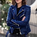 Miniatyrbillede 3 af 5: Dame Faux Læder Zip-Up Jakke - Kort Tynd Stil, Blå
