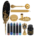 Miniatyrbillede 3 af 7: Fjerpen Business Fire Lak Stæmplet Europæisk Retro Stil Sprøjt Guld Fjer Rustfrit Stål Dip Pen Sæt med Blækpose Sort