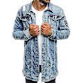 Miniatyrbillede 1 af 5: Lyseblå Distressed Denim Shacket til Mænd med Lange Ærmer og Lommer