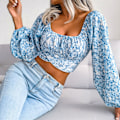 Miniatyrbillede 4 af 8: Kvinder Blomstermønster Firkantet Hals Lygte Langærmet Ryg Knytte Bowknot Crop Top Bluse Blå M