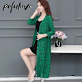 Miniatyrbilde 4 av 4: Sommer Mesh Lace Cardigan Kvinner Solbeskyttende Klær - Løstsittende Over-Kne Jakke Skjorte (Grønn, XXL)