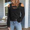Miniatyrbillede 2 af 6: Kvindes Kold Skulder Top Cut Out Design Ensfarvet Fashionabel Langærmet Bluse til Hjemmekøb Sort S