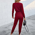 Miniatyrbild 5 av 7: Långärmade byxor Jumpsuit Slim Spets V-ringad Polyester Mode Fritidskläder Damkläder Vinröd XXL