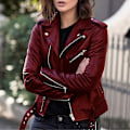 Miniatyrbild 1 av 5: Solid Wine Red Faux Leather Jacket, Höst Vår Höst Dam Zip-Up Coat