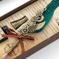 Miniatyrbillede 4 af 5: Fjerpen Seglvoks Stempel Sæt Retro Europæisk Stil Rustfrit Stål Nib Fjerpen og Blæk Sæt Sortlig Grøn