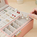 Miniatyrbillede 6 af 8: Smykkeæske Dobbeltlag Læder Kvinder Rejser Multifunktionel Halskæde Ørestik Ring Opbevaringsarrangør Lys Rosa
