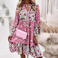 Miniatyrbillede 4 af 5: Blomsterprint Langærmet Tunika Kjole - Pink, Kvinders Sommer Casual Mini Kjole