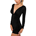 Miniatyrbillede 3 af 4: Sort V-hals Rynket Bodycon Minikjole til Kvinder