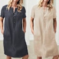 Miniatyrbilde 3 av 5: Bomullslin Tunic-kjole - Kvinners Korte Ermer Kneelengde - Svart