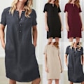Miniatyrbilde 2 av 5: Bomullslin Tunic-kjole - Kvinners Korte Ermer Kneelengde (Grå, 3XL)
