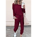 Miniatyrbild 2 av 6: Dam 2-delad outfit Lös Stretchig Snygg långärmad tröja Byxa Höst Loungewear Pyjamasset Vinröd XL