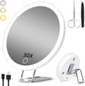 30x Magnifying Mirror with Light, 15 cm, 3 Color Modes, Dimming, with 3 Suction Cups and 360° Table Stand
