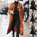 Miniatyrbild 4 av 5: Svart dubbelknäppt trenchcoat för män med bälte - Lång kavajklåda