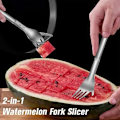 Miniatyrbillede 6 af 8: Multifunktionel 2-i-1 vandmelongaffelskniv Vandmelon frugtskæregaffelstykker porcelænsgaffel