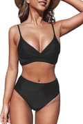 Women's High Waisted Bikini Set - V-Neck Twist Cross Design Bikini - Tummy Control - Adjustable Straps - Size S - Black S S