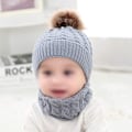 Miniatyrbild 3 av 5: Barn Vinter Pom Beanie Hat Scarf Set för Små Flickor Varmt Stickat Fleece Foder Slouchy Skull Cap beige