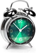 An ultrasonic alarm clock designed for deep sleepers with a retro 4-inch silent quartz clock with twin bells, a backlit and luminous dial