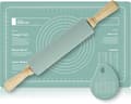 Silicone Baking Mat Set with Rolling Pin and Dough Scraper Heat Resistant Silicone Baking Sheet Nonstick Rectangular Cake Mat for Pizza Dough (green)