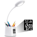 Miniatyrbillede 1 af 5: LED-skrivebordslampe, USB-genopladelig studielampe, 3 lystilstande trinløs dæmpbar berøringskontrol bordlampe vækkeur, kalender og temperaturvisning