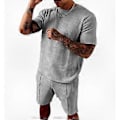 Miniatyrbillede 1 af 5: Atletisk 2-delt sæt til mænd, trænings T-shirt og shorts kombination grey M