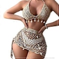 Miniatyrbillede 5 af 5: Dame 2-delt Hæklet Badedragt Muslingeskaller Halter Bikinitoppe og Udhulet Højtaljet Strandnederdel Sæt Gaver Hvid M White M