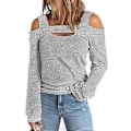 Miniatyrbilde 1 av 5: Dame Cold Shoulder Topp Cut Out Design Ensfarget Mote Langermet Bluse for Hjemmeshopping Grå M