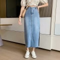 Miniatyrbilde 4 av 5: Kvinners Casual Høy Midje Solid Button Up Denim Jean Skjørt, størrelse