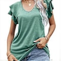 Miniatyrbillede 1 af 5: Grøn M Dame Top V-Hals Kort Dobbelt Lag Flæseærme Almindelig Løs Afslappet Komfortabel Sommer T-shirt