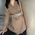 Miniatyrbillede 5 af 5: Læder Western Style Bred Talje Underbust Waspie Korset (Beige) Beige