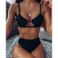 Miniatyrbillede 3 af 5: Bikinisæt med stropper, højtaljet brasiliansk badetøj, strandrejse, badedragt, tankini (Sort 1 S) Black 1 S