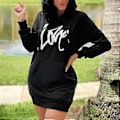 Miniatyrbillede 2 af 5: Langærmet Hættetrøje Kjole Dame Casual Ribstrikket Manchet Snøre Printet Pullover Sweatshirt med Lomme