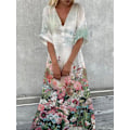 Miniatyrbillede 2 af 3: Kvinders Marmorering Blomster Print Casual Kjole Swing Kjole Boho Kjole Lang Kjole Maxi Kjole Grøn Blå Gul Halv Ærme-happygo.L.Blå