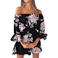Miniatyrbillede 5 af 5: Dame Casual Blomsterprint Off Shoulder Trompetærme Swing Kjole (style6079)