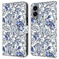 Miniatyrbillede 1 af 5: Læderetui med mønstertryk, pung og stativ til Samsung Galaxy S25 Edge Blue Flower Bush