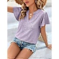 Miniatyrbilde 3 av 5: Lilla XL Hul Ruffle Erme Bluse V-hals Ensfarget Kortermet Bluse Topp for Kvinner Dame Jente