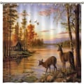 Miniatyrbild 1 av 5: Duschdraperi för badrum, hjort i flodskog solnedgång flod, 180