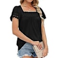 Miniatyrbillede 5 af 5: Sort M Blondebroderi Kortærmet Bluse Ensfarvet Kortærmet Top Løs Casual T-shirt til Kvinder