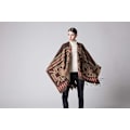 Pikkukuva 5 / 5: Kahvi Cashmere Poncho Wrap kukkakuvioilla ja hapsureunoilla