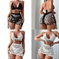 Miniatyrbillede 2 af 5: Dame 2-delt Strand Badedragt Muslingeskaller Hæklet Halter Bikini Badedragt med Sarong Strandtøj Sort M Black M