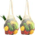 Miniatyrbilde 1 av 5: [2 Pakke] Premium Mesh Bærenett, Gjenbrukbare Grønnsaksposer, Lange Håndtak Net Tote Bager, 100% Bomullsstoffsposer, Frukt- og Grønnsaksposer, Beige (Bærbar/Vaskbar/Holdbar)